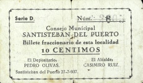Аверс банкноты 10 сантимов Сантистебан дель Пуэрто (Испания) 1937 года