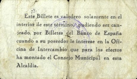 Реверс банкноты 10 сантимов Сантистебан дель Пуэрто (Испания) 1937 года