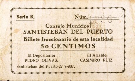 Аверс банкноты 50 centymów Santisteban del Puerto (Hiszpania) 1937