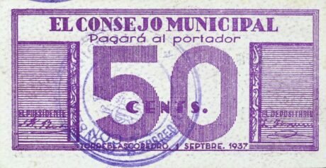 Аверс банкноты 50 centymów Torreblascopedro (Hiszpania) 1937