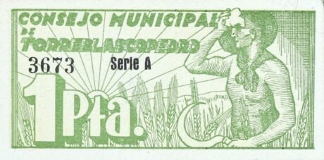 Реверс банкноты 1 peseta Torreblascopedro (Spain) 1937