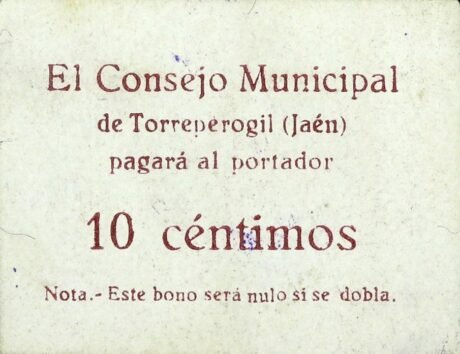 Аверс банкноты 10 сантимов Торреперохил (Испания)