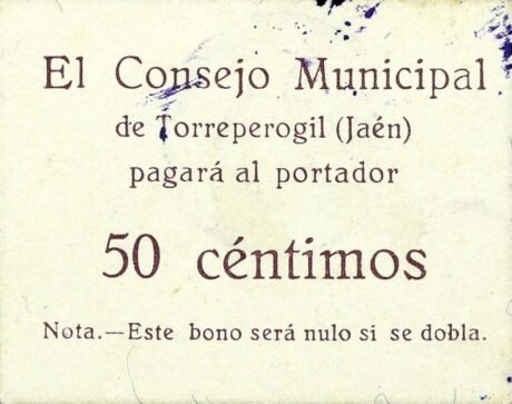Аверс банкноты 50 сантимов Торреперохил (Испания)