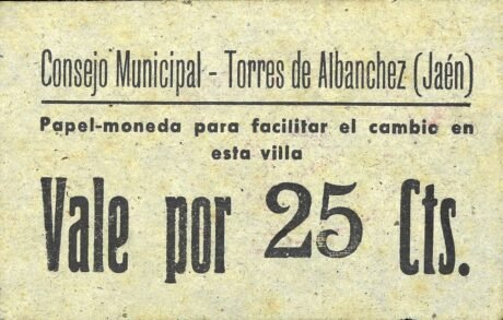 Аверс банкноты 25 centymów Torres de Albanches (Hiszpania)