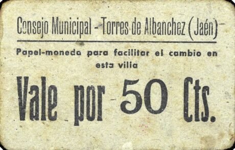 Аверс банкноты 50 сантимов Торрес де Альбанчес (Испания)