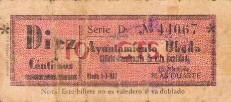 Аверс банкноты 10 centymów Ubedy (Hiszpania) 1937