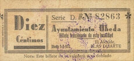 Awers banknotu 10 centymów Ubedy (Hiszpania) 1937