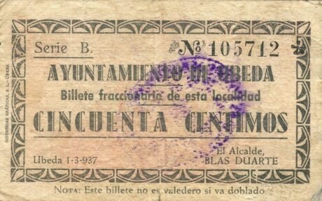 Аверс банкноты 50 сентимошей Убеда (Испания) 1937 года