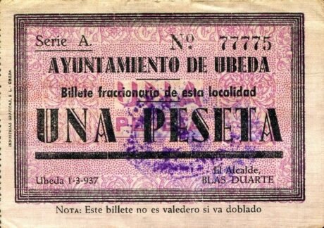Аверс банкноты 1 песета Убеда (Испания) 1937 года