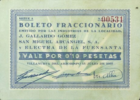 Аверс банкноты 0,10 peset Villanueva del Arzobispo (Hiszpania) 1937