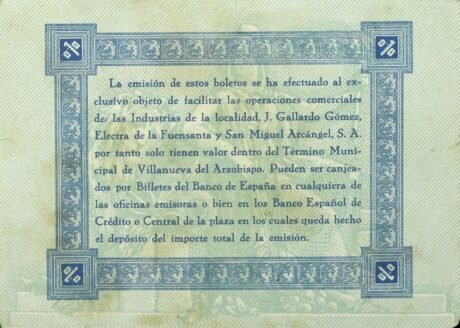 Реверс банкноты 0,10 peset Villanueva del Arzobispo (Hiszpania) 1937