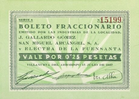 Аверс банкноты 0,25 peset Villanueva del Arzobispo (Hiszpania) 1937
