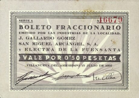 Аверс банкноты 0,50 peset Villanueva del Arzobispo (Hiszpania) 1937