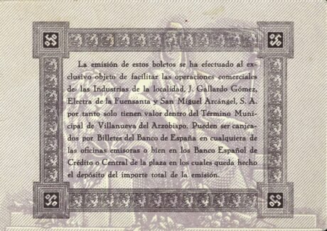 Реверс банкноты 0,50 peset Villanueva del Arzobispo (Hiszpania) 1937