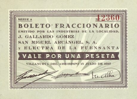 Аверс банкноты 1 peseta Villanueva del Arzobispo (Hiszpania) 1937