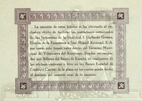 Реверс банкноты 1 peseta Villanueva del Arzobispo (Hiszpania) 1937