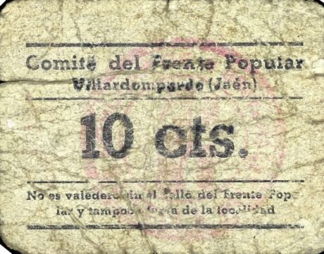 Аверс банкноты 10 сантимов Вильярдомпардо (Испания)