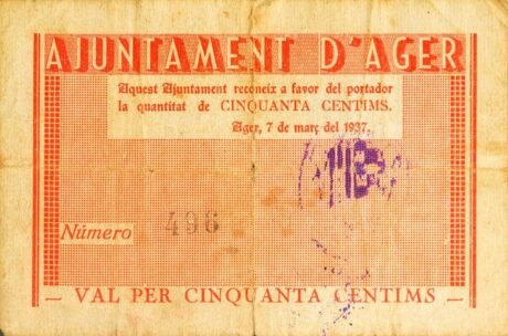 Аверс банкноты 50 сантимов Агера (Испания) 1937 года