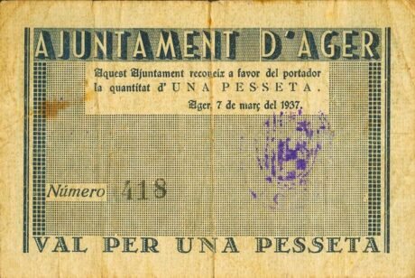 Аверс банкноты 1 песета Агер (Испания) 1937 года