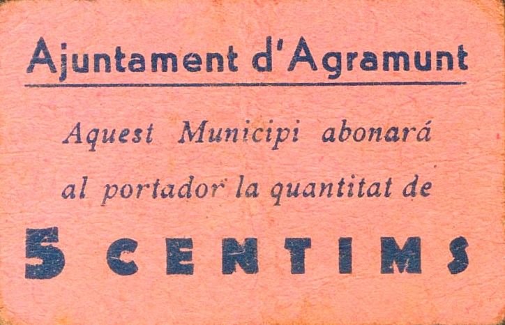 Аверс банкноты 5 сантимов Аграмунт (Испания)