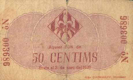 Реверс банкноты 50 centymów Agramunt (Hiszpania) 1937