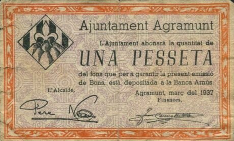 Аверс банкноты 1 peseta Agramunt (Hiszpania) 1937