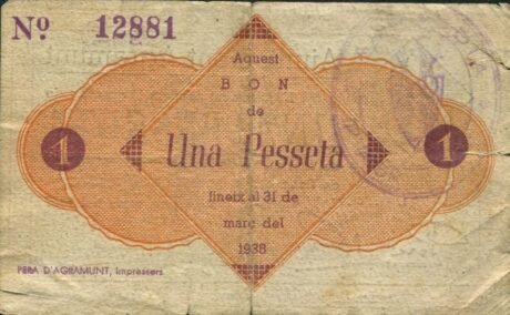 Реверс банкноты 1 peseta Agramunt (Hiszpania) 1937