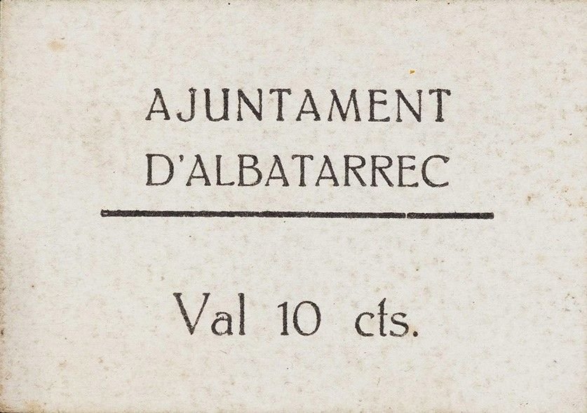 Аверс банкноты 10 сантимов Альбатаррек (Испания) 1938 года