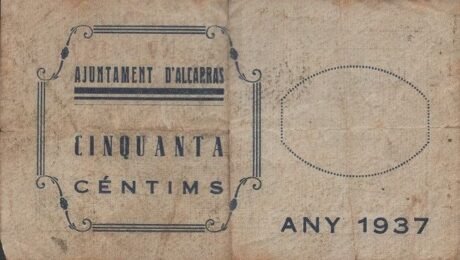 Реверс банкноты 50 сантимов Алькаррас (Испания) 1937 года