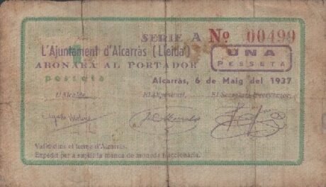 Аверс банкноты 1 песета Алькаррас (Испания) 1937 года