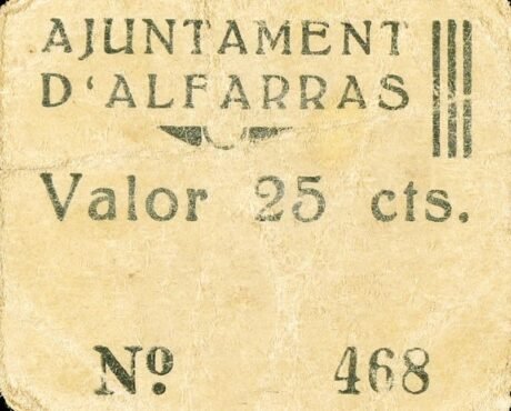 Аверс банкноты 25 centymów Alfarras (Hiszpania)