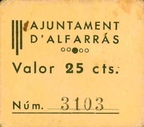 Аверс банкноты 25 centymów Alfarras (Hiszpania)