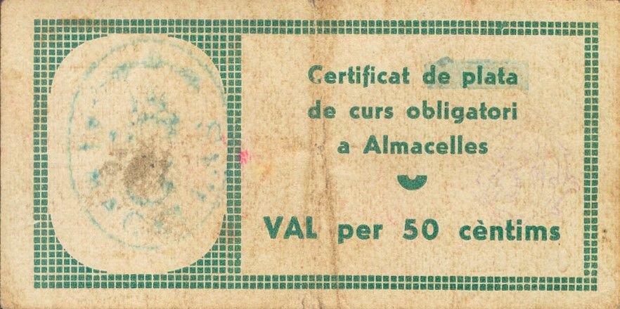 Реверс банкноты 50 сантимов Альмаселлес (Испания) 1937 года