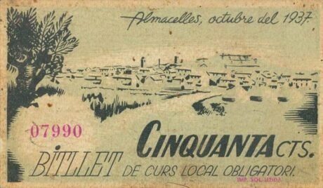 Реверс банкноты 50 сантимов Альмаселье (Испания) 1937 года