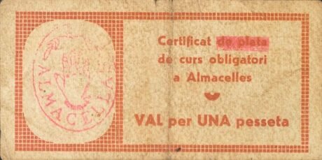 Реверс банкноты 1 песета Альмасель (Испания) 1937 года