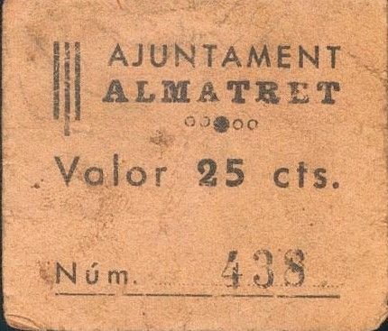 Аверс банкноты 25 сантимов Альматрет (Испания) 1937 года