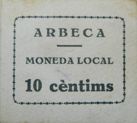 Аверс банкноты 10 сантимов Арбека (Испания)