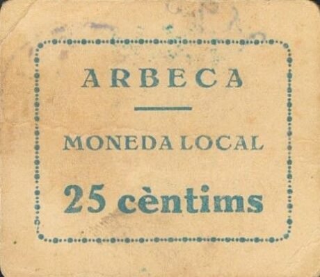 Аверс банкноты 25 сантимов Арбека (Испания)