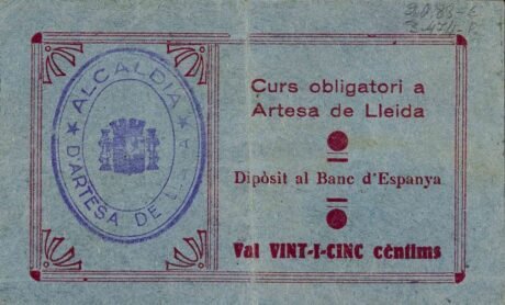 Реверс банкноты 25 centymów Artes de Lleida (Hiszpania) 1937