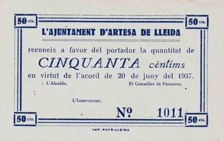 Аверс банкноты 50 centymów Artes de Lleida (Hiszpania) 1937