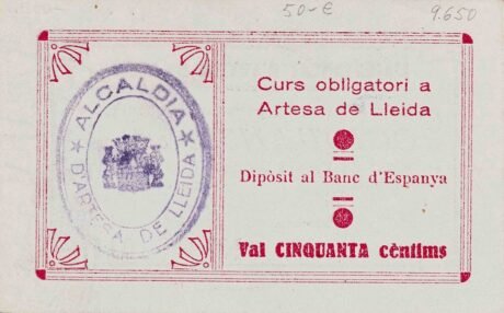 Реверс банкноты 50 centymów Artes de Lleida (Hiszpania) 1937