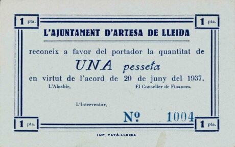 Аверс банкноты 1 песета Артеса де Лерида (Испания) 1937 года