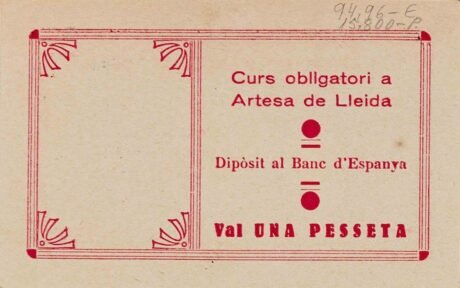 Реверс банкноты 1 песета Артеса де Лерида (Испания) 1937 года