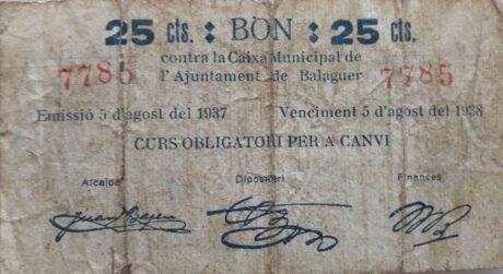 Аверс банкноты 25 centymów Balaguer (Hiszpania) 1937