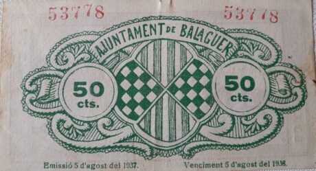 Реверс банкноты 50 centymów Balaguer (Hiszpania) 1937