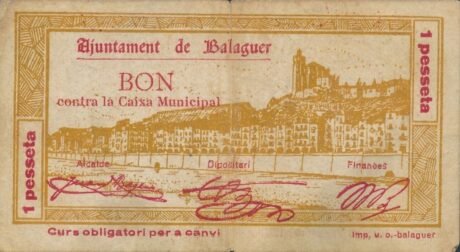Аверс банкноты 1 peseta Balaguer (Spain) 1937