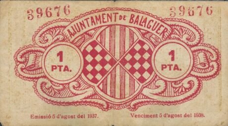 Реверс банкноты 1 peseta Balaguer (Spain) 1937