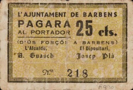 Аверс банкноты 25 centymów Barbens (Hiszpania)