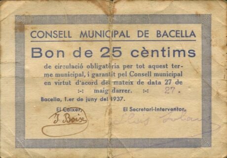 Аверс банкноты 25 сантимов Басселла (Испания) 1937 года