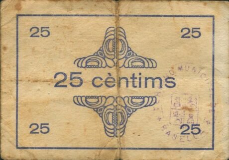 Реверс банкноты 25 сантимов Басселла (Испания) 1937 года